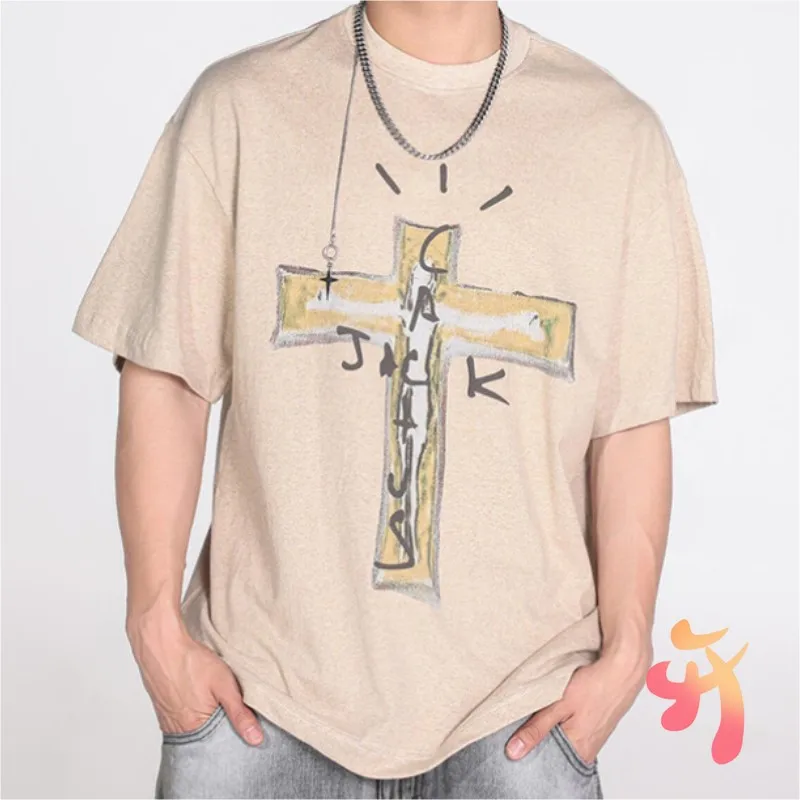 

Graffiti Cross Letter Print CACTUS JACK T-shirts High Quality Cotton Round Neck Short Sleeve Tops Casual Loose Men Women Tshirt