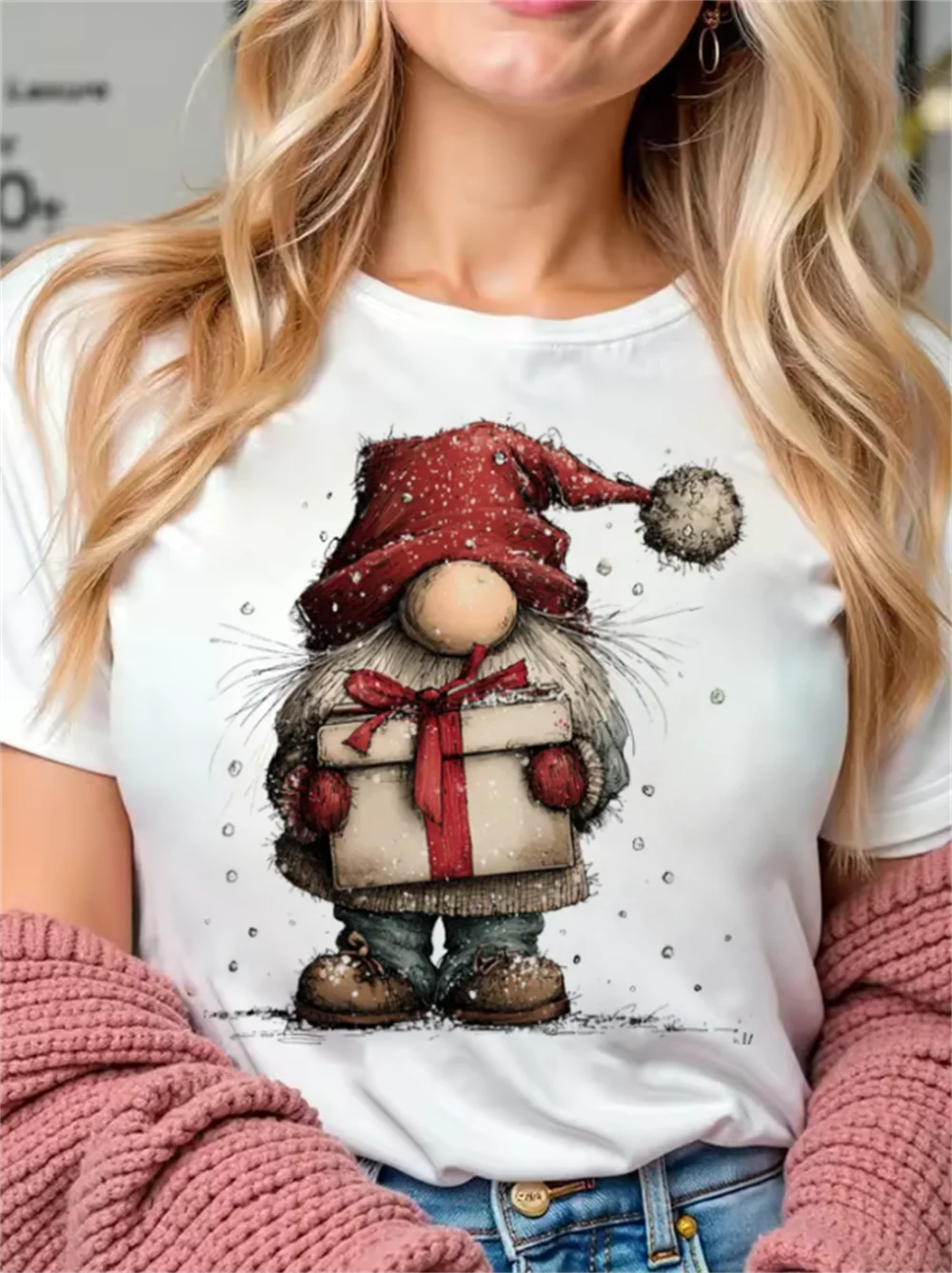 شجرة عيد الميلاد نمط السنة الجديدة تي شيرت مطبوعة المرأة الكرتون لطيف مطبوعة أعلى الأساسية عارضة المرأة قصيرة الأكمام تي شيرت أبيض