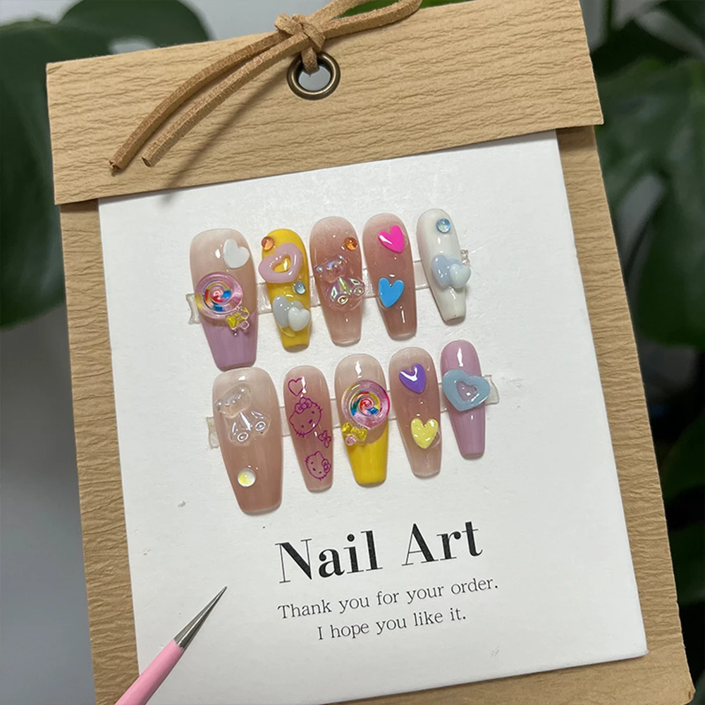 Lollipop Bear Pattern Handmade Press on Full Cover Professional Nails Transparent Mocha Star Mid-Length Reusable Finished Nails