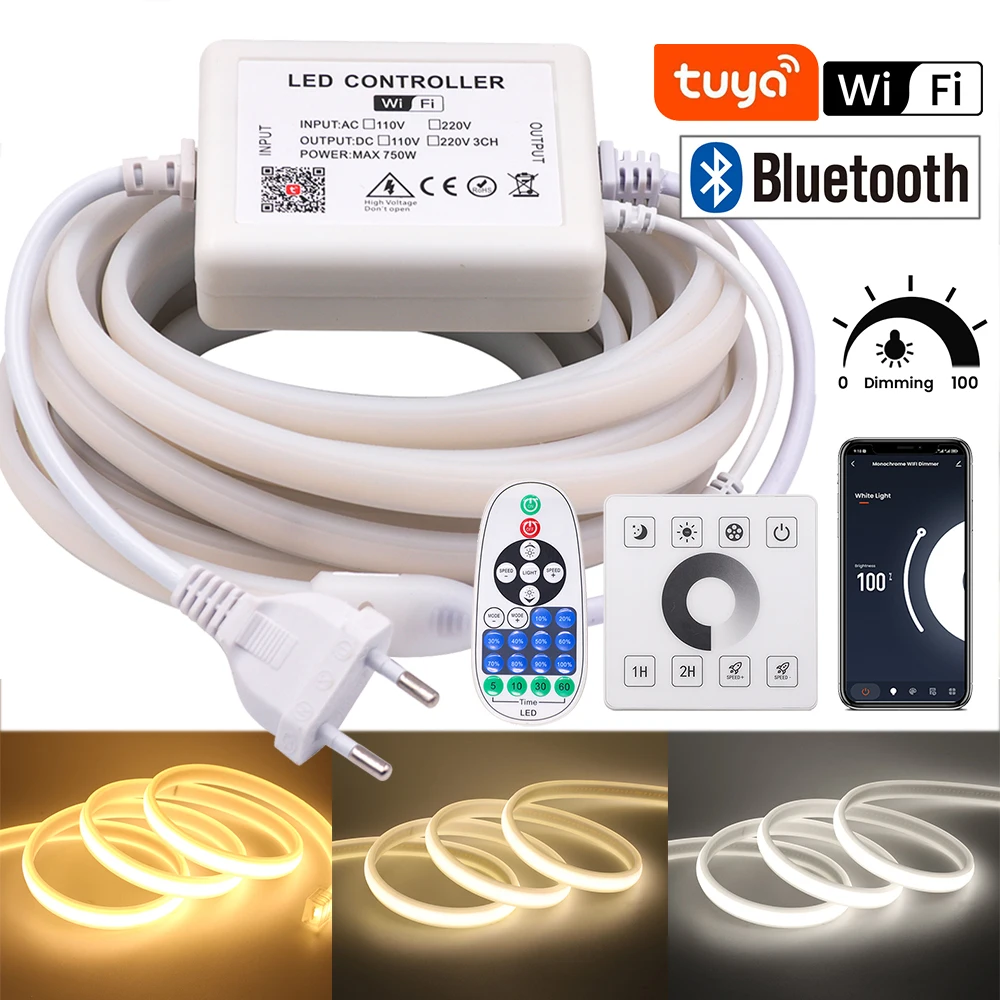 

Tuya Wifi Dimmerable AC 220V COB Neon Light Bluetooth 288Leds/M IP65 Waterproof Panel Control Flexible Ribbon Tape LED Strip