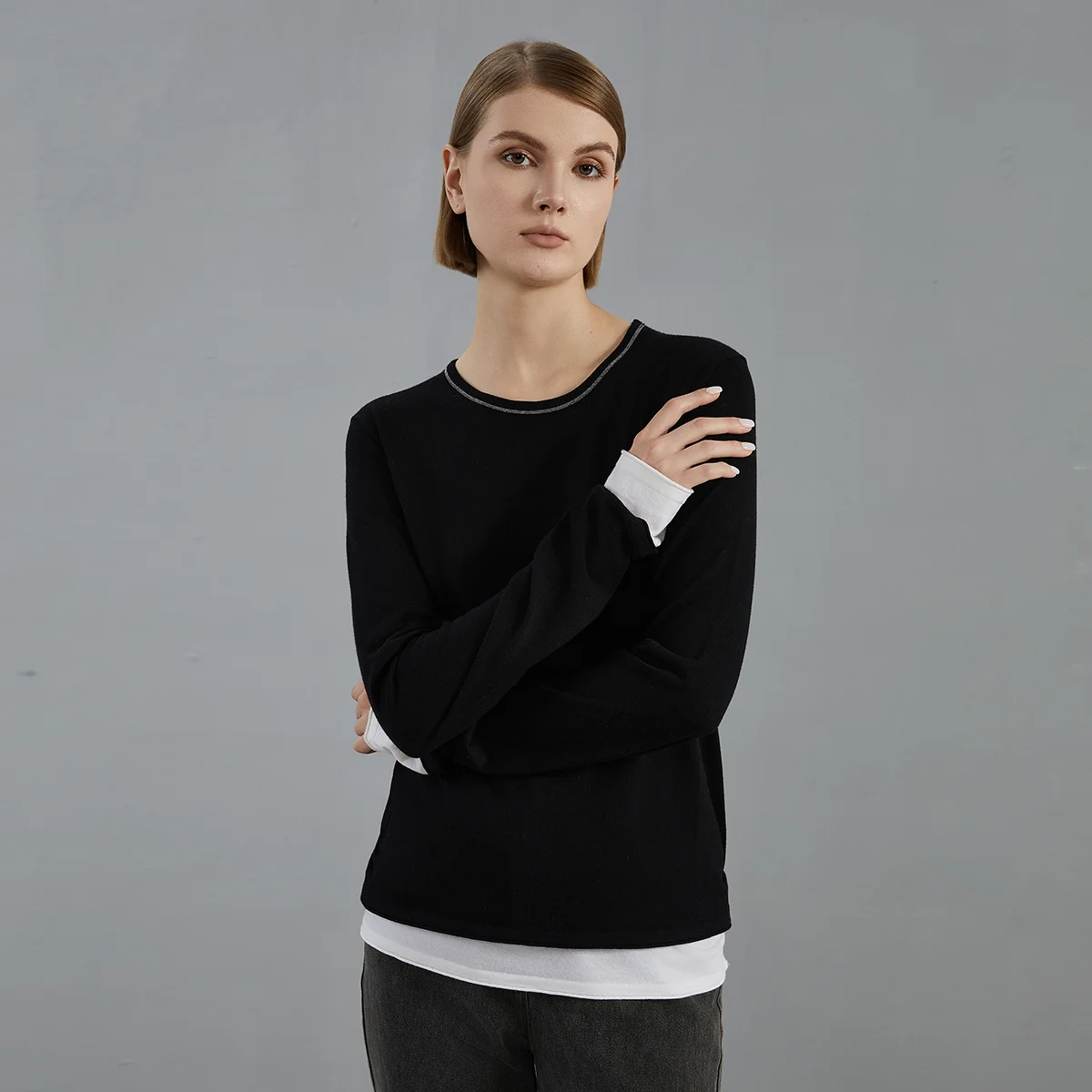 BC776 High Quality Luxury Women\'s Clothing 100% Wool  thin Pullover Fake two pieces Knitted Sweater Winter