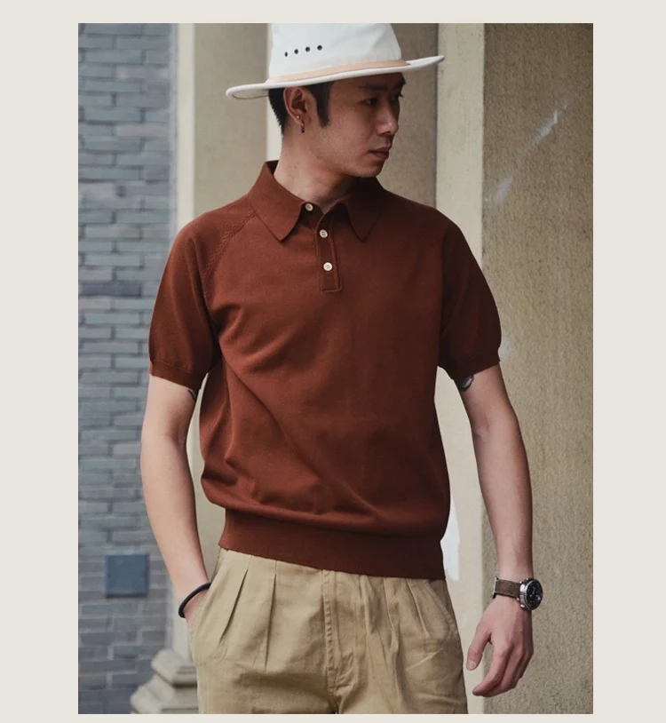 

Retro Knitted Polo Shirt Men's Boutique Top Business Short Sleeve Sports Fitness Clothes Elastic T-shirt Training Summer Male