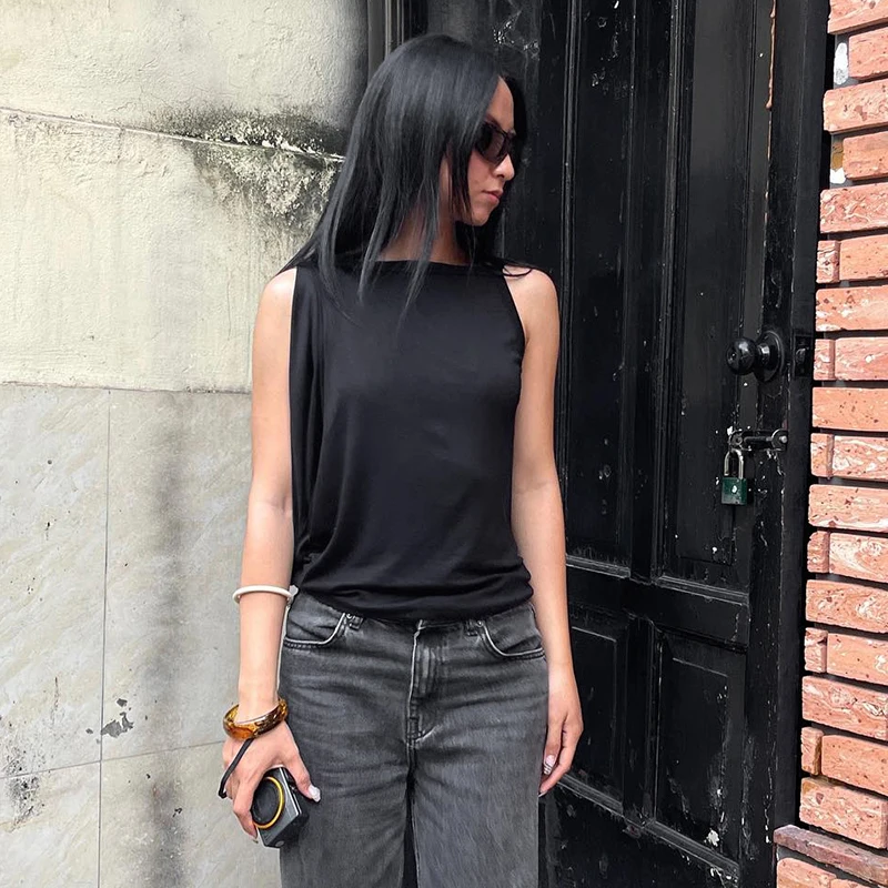 CUTENOVA, novedad de verano, ropa Sexy con espalda descubierta para mujer, chaleco plisado con cuello oblicuo y espalda descubierta para mujer, camiseta sin mangas sencilla informal Y2K para mujer