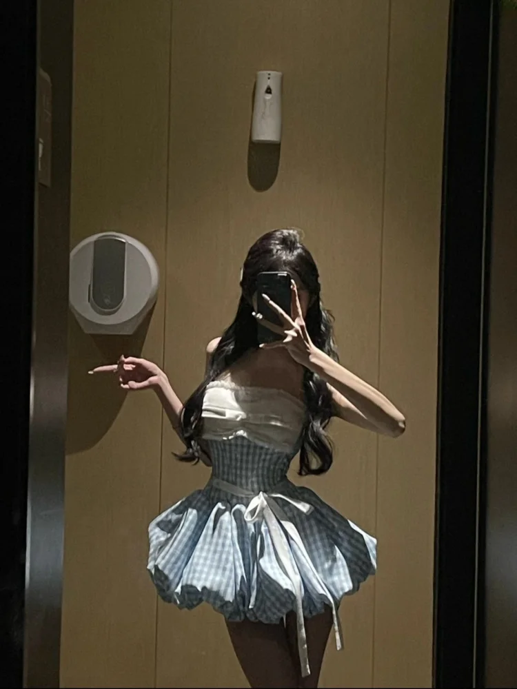 Korea Stil Kawaii Retro Plaid Frauen Kleid Mode Party Sexy Liebsten Knospe Kleid Sommer Vintage Y2K Sinn Für Design Mini Kleid neue