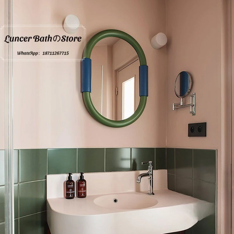 French Vintage Oval Bathroom Mirror, Dopamine Style Wall Mounted Ins Mirror for Toilet, MCM Makeup Vanity Decor Mirror