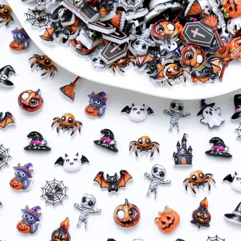 30 Stück 3D Cartoon Halloween-Serie Harz-Nagelkunst-Dekorationen, verschiedene Stile, kreative Kürbis-, Besen-, Katzen- und Geister-Nagelanhänger für DIY – Detail 1