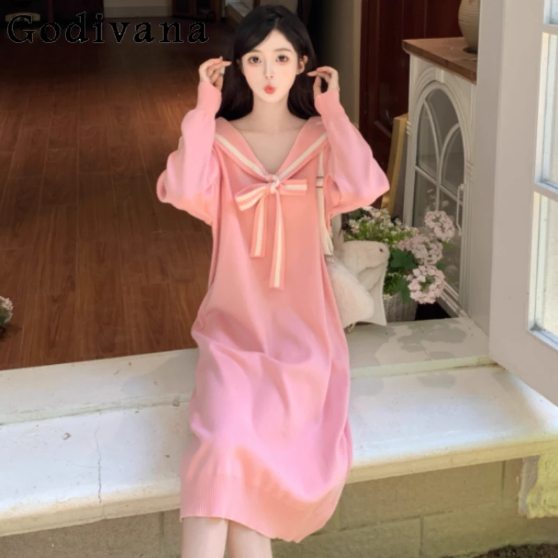 

Autumn Winter Plus Size College Age Reduction Sweet Navy Neck Knitted Dress Loose Versatile Fashion Long Sleeve Japanese Dresses