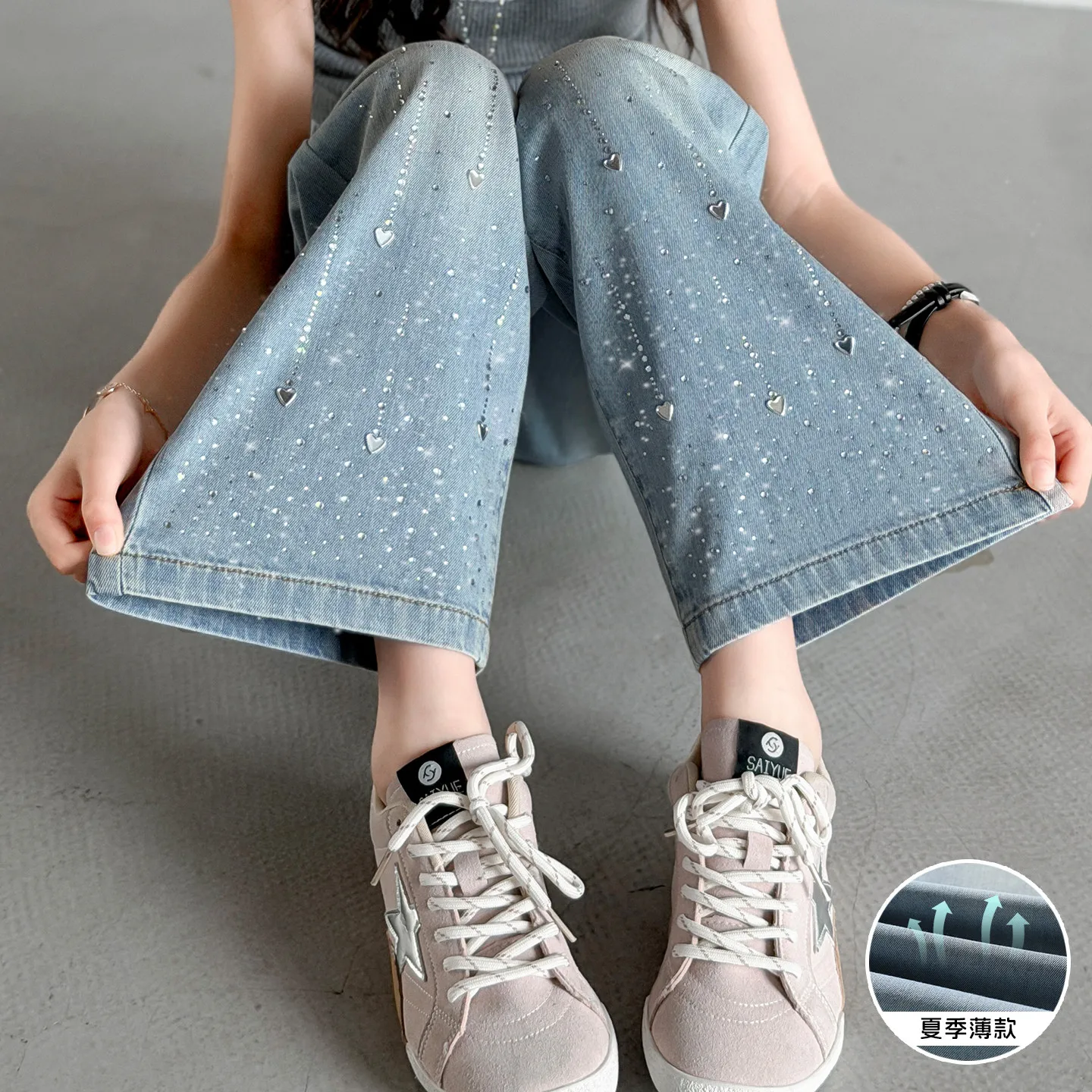 

4-14Y Kids Tweens Casual Fashion Vintage 2000s Y2k Spring Autumn Daily Wear 2026 Girls Straight Jeans Shinny Blue Denim Pants