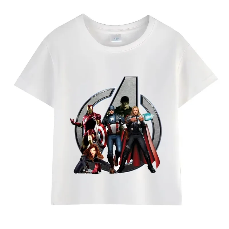 

Футболки с изображением Мстителей Marvel для мальчиков и девочек, персонализированная летняя детская одежда из 100% хлопка, одежда для дня рождения супергероя, детская футболка