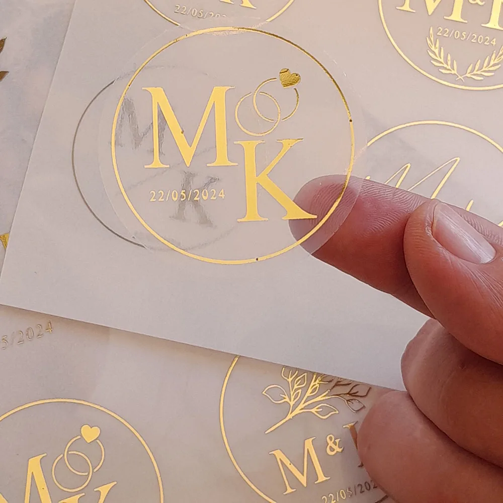 Wedding Transparent Stickers With Foil, 50Pcs Personalized Gold Stickers 3cm~7cm,Envelope Seal Stickers,Thank You Gold Sticker