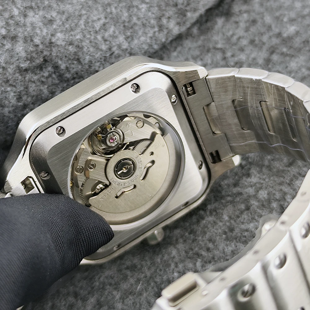 นาฬิกาข้อมือทรงเหลี่ยมรุ่นใหม่ NH35 นาฬิกา Time is Money ขนาด 27 มม. หน้าปัดโลโก้สั่งทำพิเศษ นาฬิกาผู้ชาย กลไก NH35 อุปกรณ์เสริมนาฬิกา