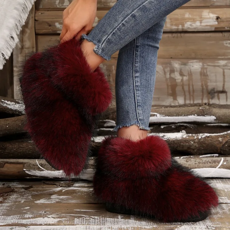 Inverno donna Fluffy Faux Fox Fur Boots donna peluche stivali da neve caldi calzature di lusso ragazze Furry Fur Bottes Fashion Winter Shoe