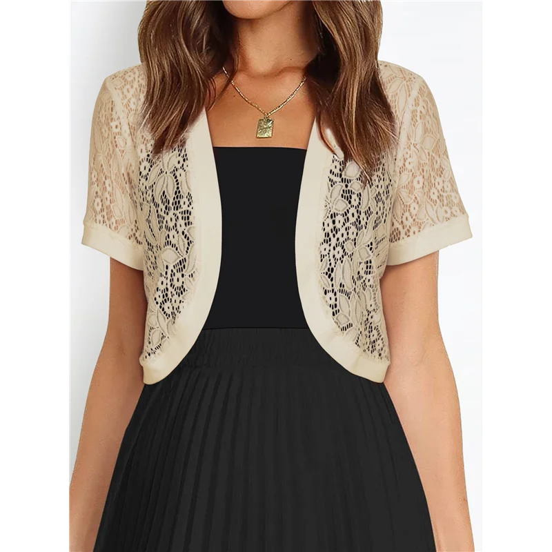 

ABP-Womens Short Sleeve Shrug Open Front Floral Lace Summer Sheer Cropped Cardigan