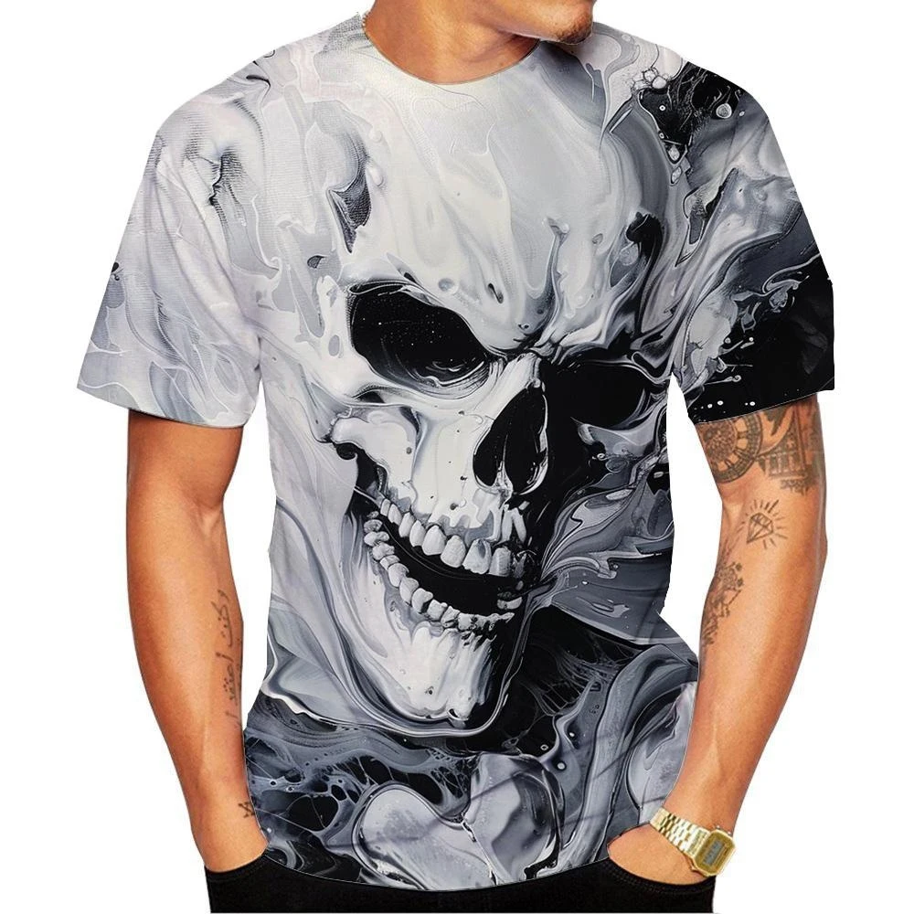 

Новая модная мужская футболка с коротким рукавом и 3D-принтом в виде черепа, уличный стиль, унисекс, необычный модный топ, оверсайз