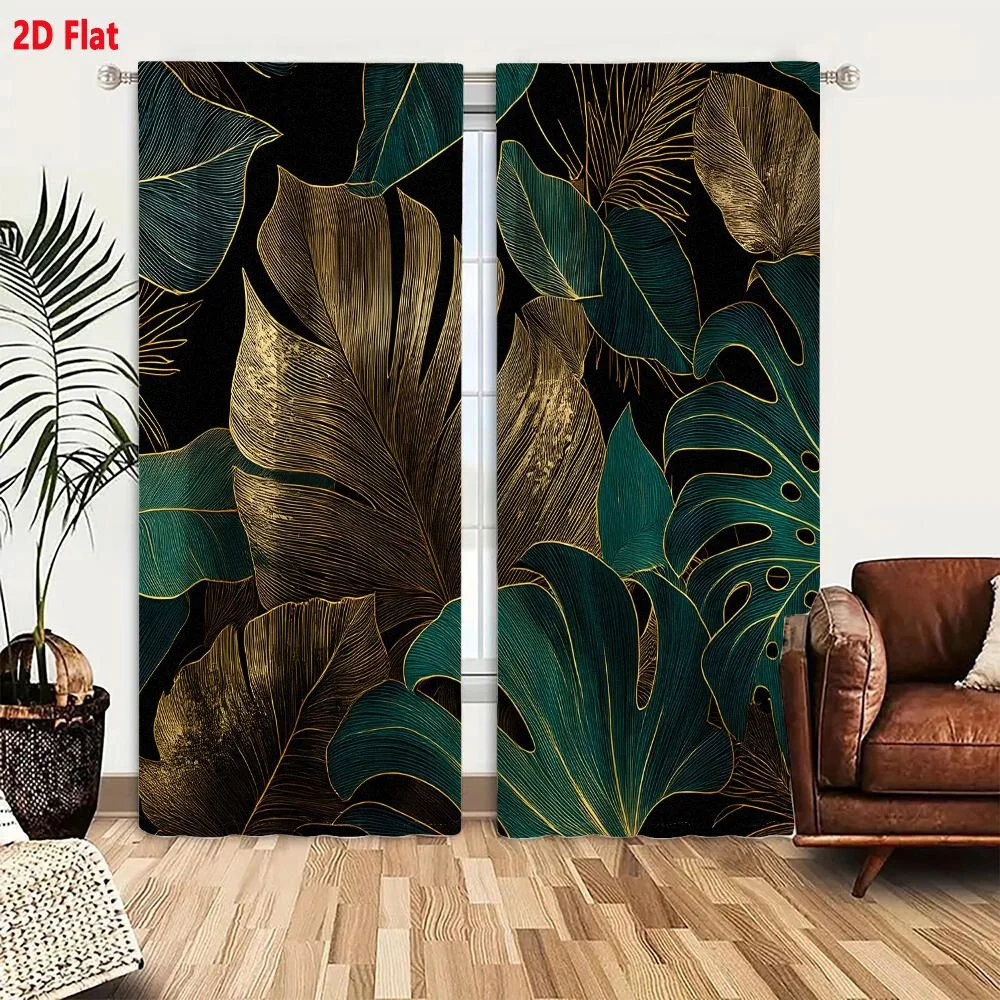 2Pcs Curtains Seamless Tropical Leaf Pattern With Monstera Banana And Palm On Black Background In Teal Gold And Bronze Window Dr