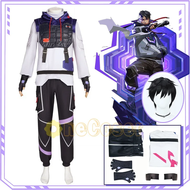 Jogo Valorant Iso Cosplay Peruca de Traje para Homens, Moletom com Capuz e Calças, Cabelo Preto ISO, Luvas Uniformes Top, Acessórios para Festa Halloween