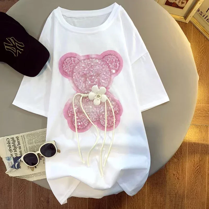 Tshirts For Women Summer Korean Fashion 100% Cotton Short Sleeve Tshirt Bear sequins Designer Clothes Women Luxury Tops S-3XL