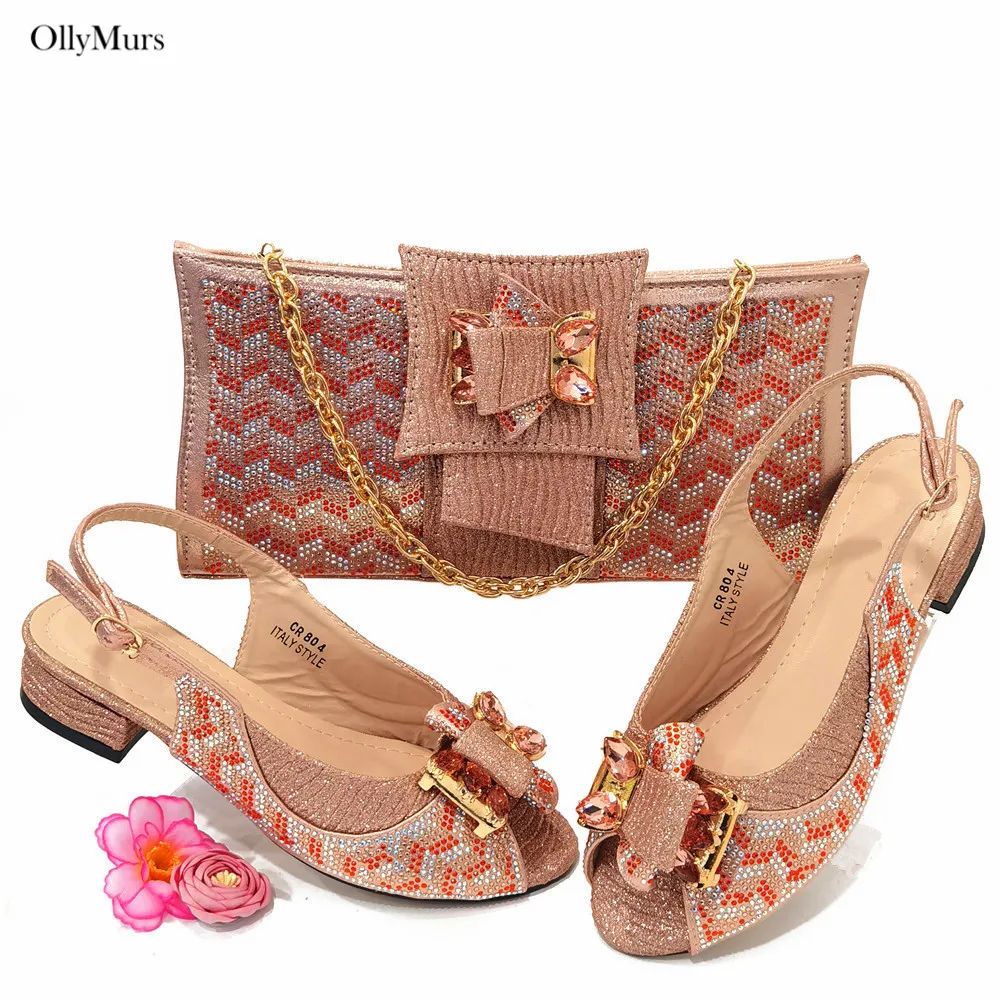 

Newest Africa Shinning PU Leather With Stone Shoes And Bag Set Nigeria Summer Woman Heels Shoes And Bag Set For Fashion Dress