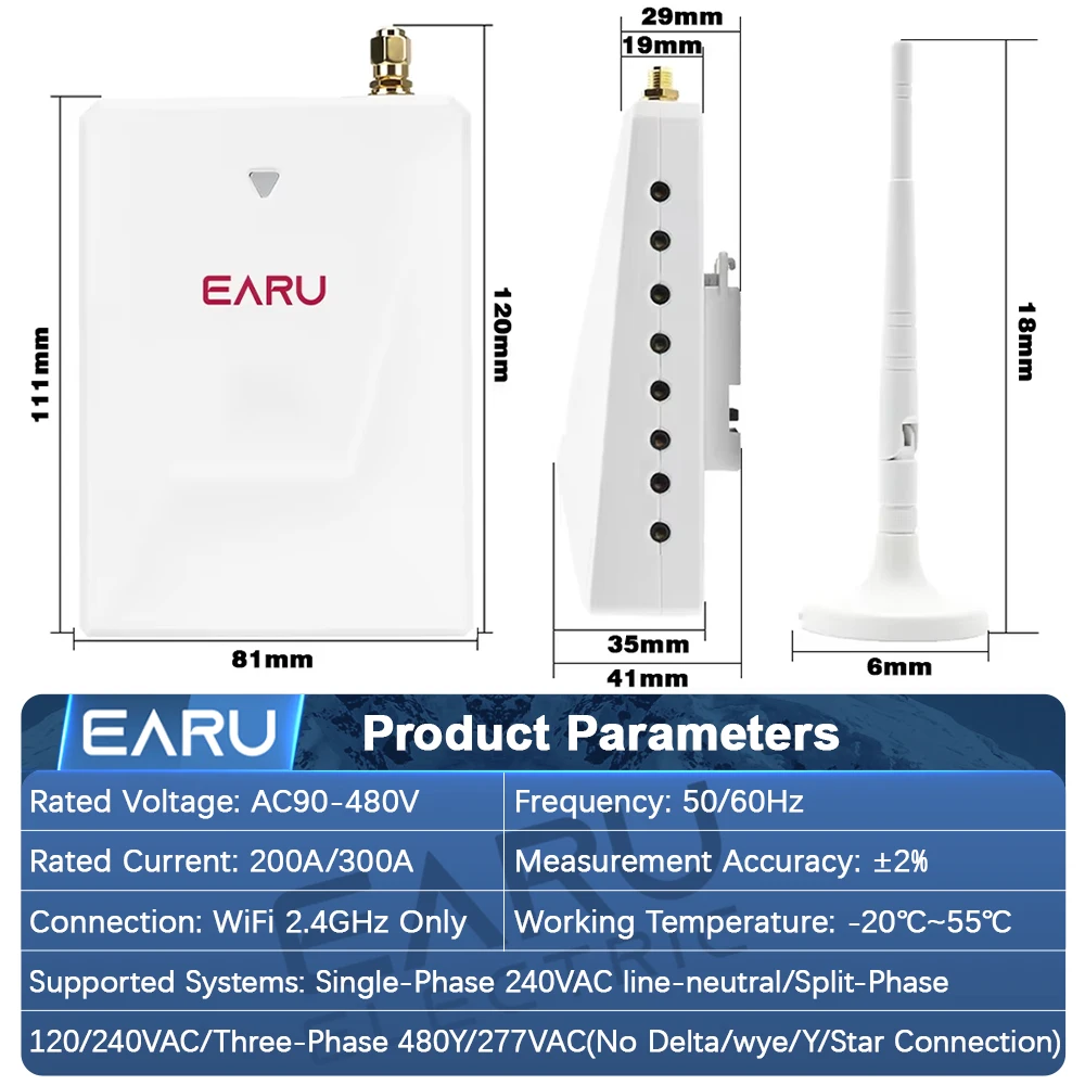 EARU 19 Channel Phase Tuya App WiFi Smart Bidirectional Monitor Current Voltage kWh PV Solar Power Energy Meter with 19 CT Clamp