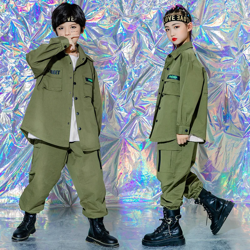 Kids Concert Hip Hop Clothing Army Green Jacket Streetwear Military Tactical Cargo Pants For Girls Jazz Dance Costume Clothes