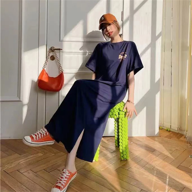 New Korean Fashion Split Letter Printed T-Shirt Long Dress Over Knee Fat Sister Dark Blue Black Dress Women's Wear