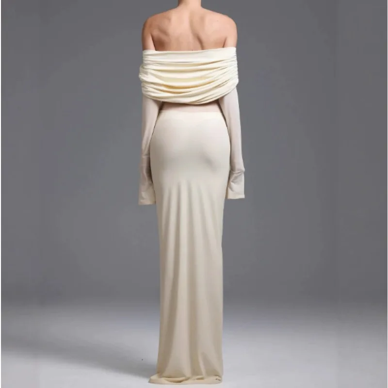 Off Shoulder Maternity Gown Long Sleeve Ruched Belly Maxi Dress, Stretch Bodycon Mermaid Photoshoot Dress For Baby Shower Party view 3