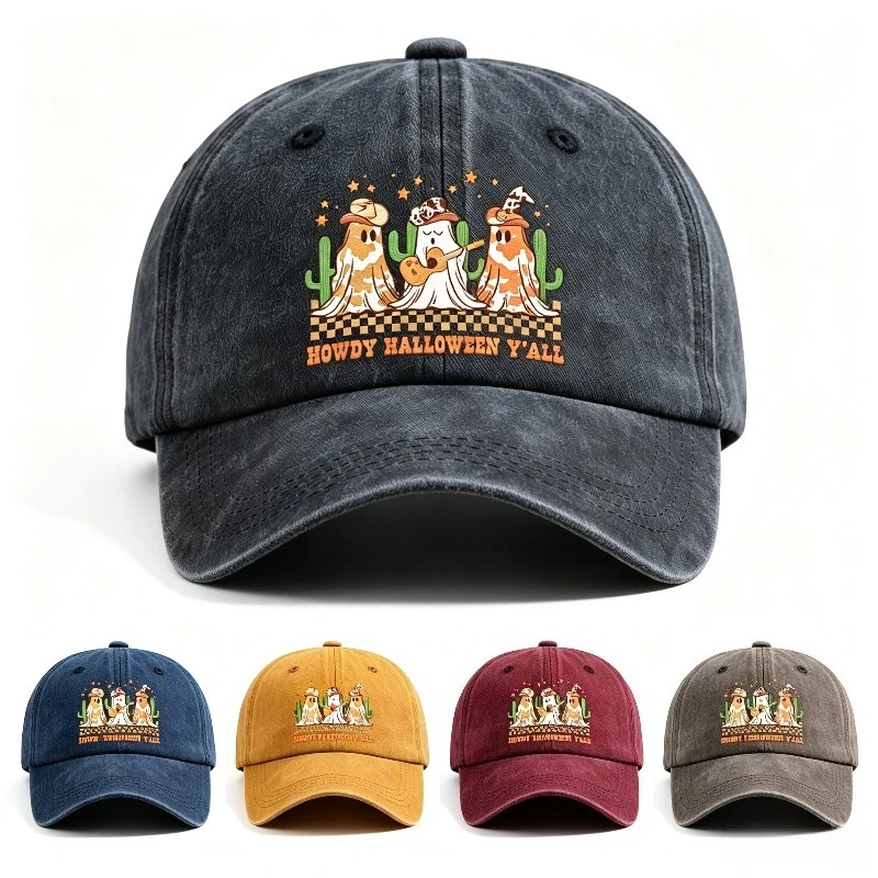 1pc Halloween Washed Baseball Cap Howdy Halloween Y'all Cowboy‑Ghost Artwork Adjustable Hat for Theme Gathering Weekend Matching