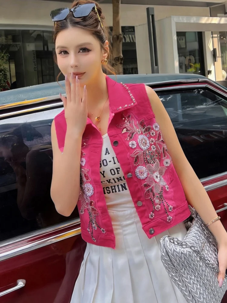 Women's Denim Vest Jacket Summer Commute Style Short Breathable Comfortable Single Button Closure Pure Color Tag Removed