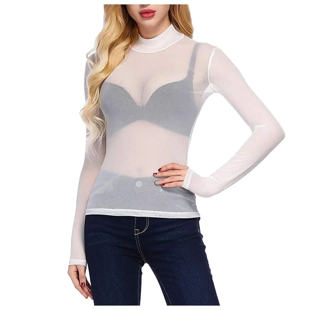 Ladies Sexy See-through Mesh Long Sleeve Slim Bottoming Shirt Spring/Autumn Solid Round Neck Sheer Gauze T-Shirt Women's Top