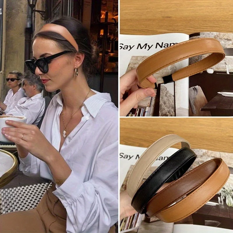 Diadema de cuero PU Vintage, diademas sólidas para mujeres y niñas, banda para el cabello a la moda, aro para el cabello elegante, accesorios para el cabello