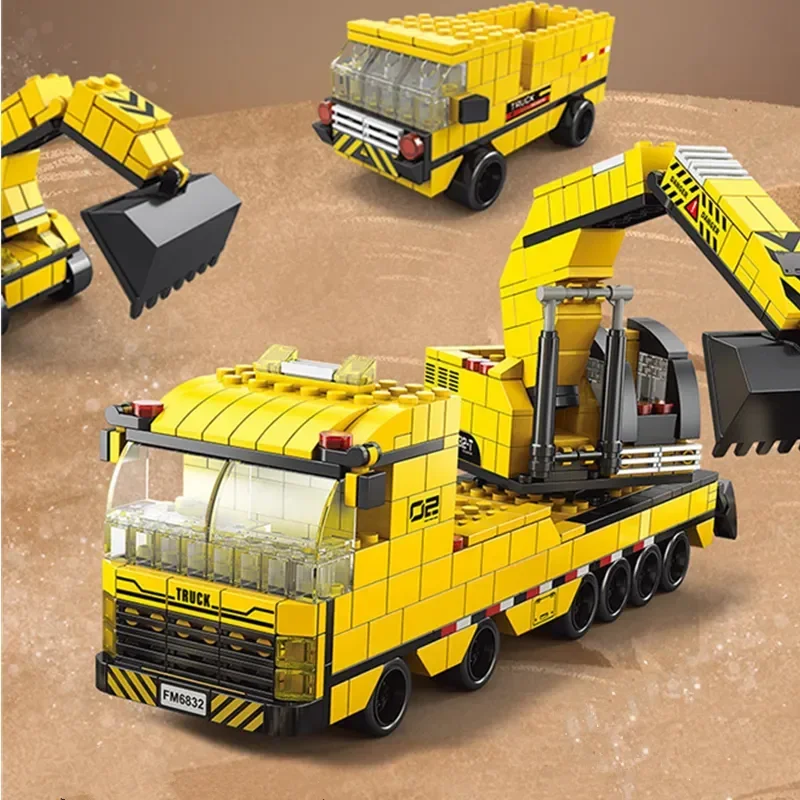 6in1 City Excavating Machinery Engineering Vehicle Crane Car Truck Material Handler Model Building Blocks Sets Bricks Toy Gift