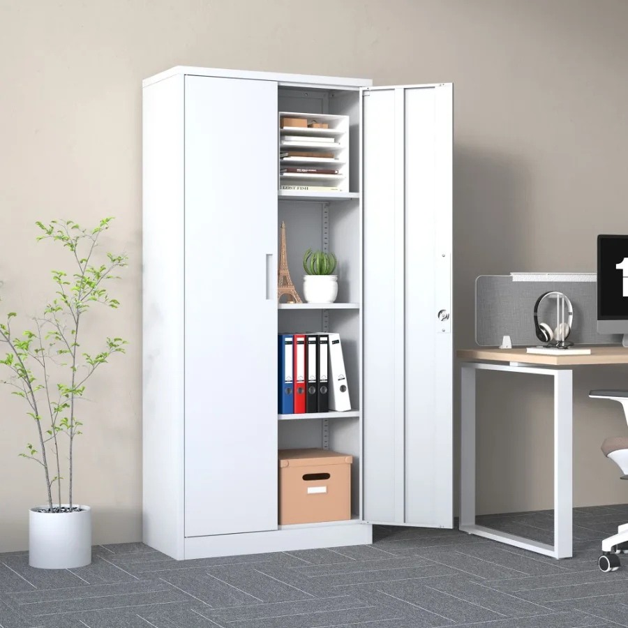 

71H Metal Garage Storage Cabinet White Tool Steel Locking Cabinet with Doors and 3 Adjustable Shelves Tall Cabinets for Garage