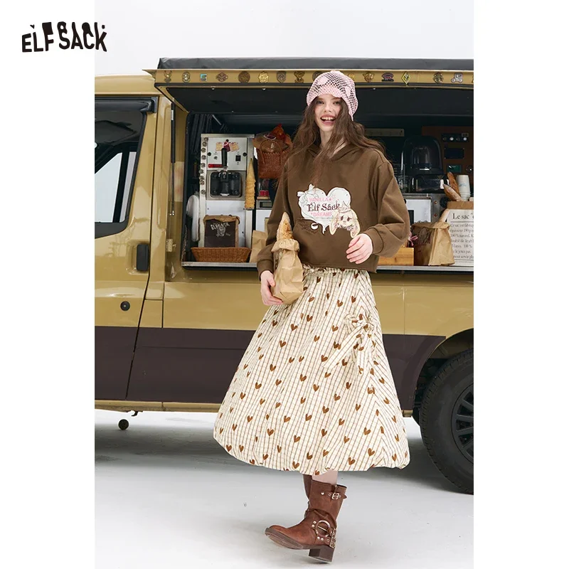 ELFSACK Women's Cute Midi Skirt with Heart Print Plaid Pattern, Elastic Waist A‑Line Skirt for Autumn Daily Casual Outfit
