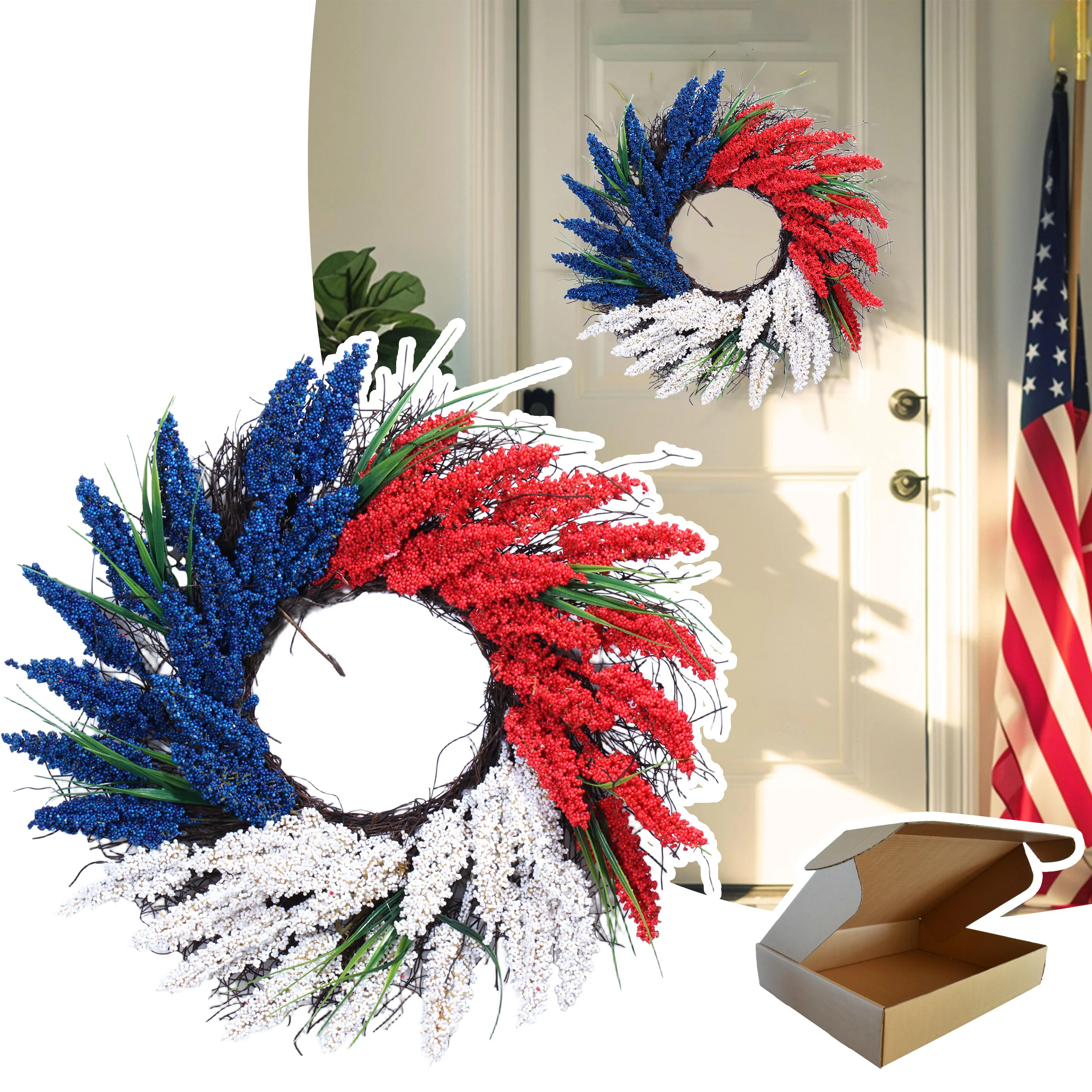 

American Independence Day Wreath Glory Patriotic Red White Blue Rice Ears Garlands For Door Window Wall Festive Home Decoration