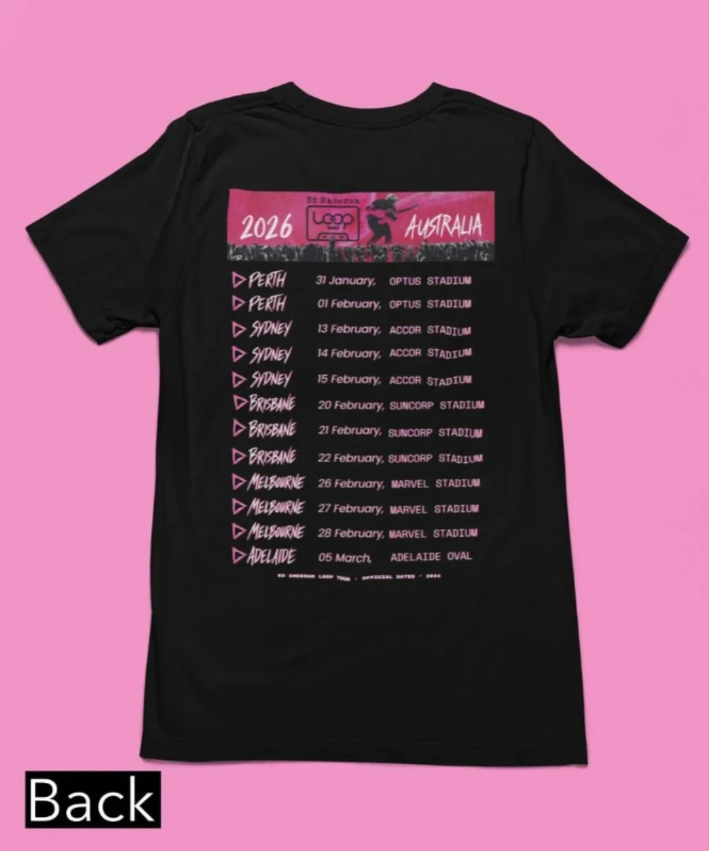 2026 الأسترالية حلقة جولة إد شيران حلقة جولة المشجعين تي شيرت القطن فضفاض تي شيرت اللعب انفجار المحملة للجنسين الأسود التي شيرت الوردي طباعة