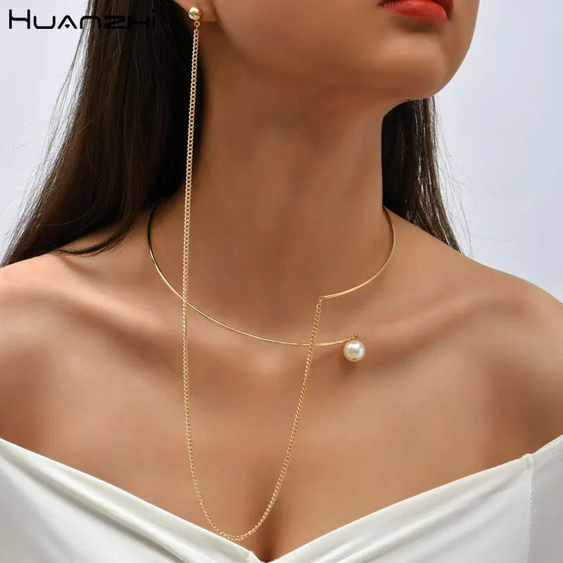 Metal Chain White Pearl Collar Cool Trendy Vintage Necklace for Women Girl Party Decor Choker HUANZHI 2023 NEW