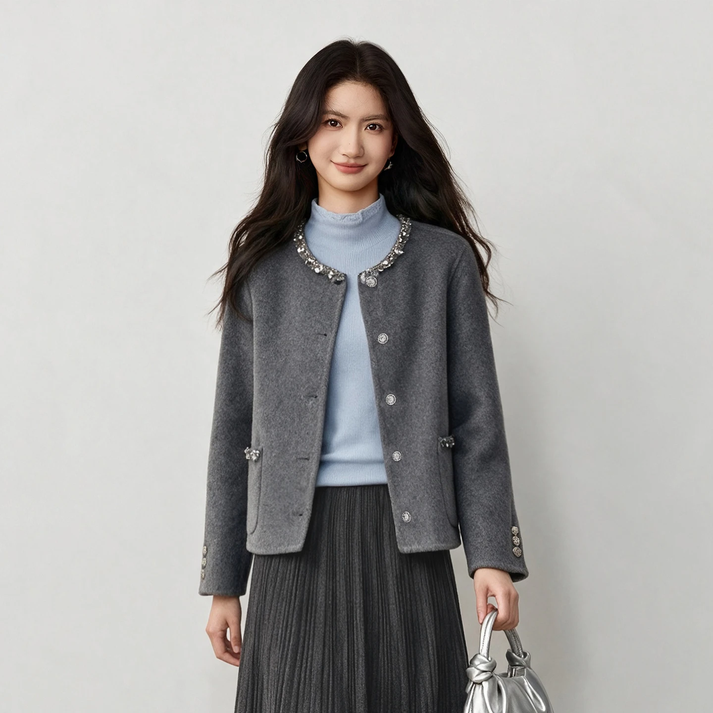 SENTUBILA Women's Tweed Cropprd Coat Winter Gray Beaded Round Neck Wool Jacket 2026 Commute Slim Warm Short Outerwear W64OG9445