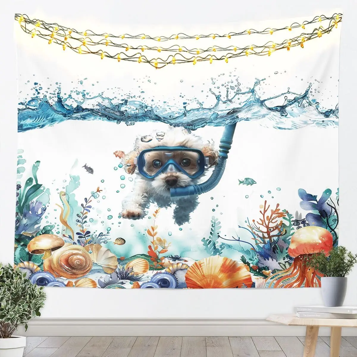 Underwater Dog Tapestry, Watercolor Style Puppy Snorkeling with Corals and Jellyfish Wall Art for Whimsical and Nautical Room