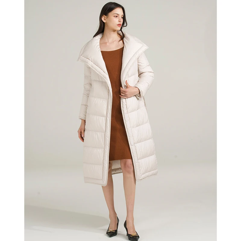 2023 New Fashion Women Coat 90% White Goose Down Long Lady Jacket With Belt Big Collar Thick Warm Luxury Outwear New Female Coat