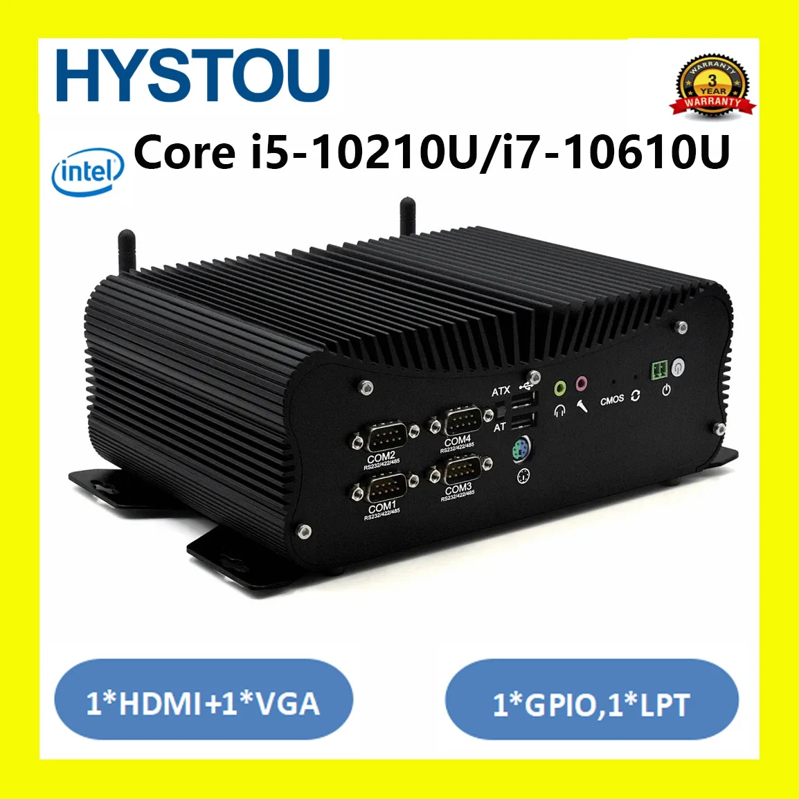 HYSTOU, безвентиляторный промышленный мини-ПК с широким напряжением и5-10210U i7-10610U, слот для SIM-карты GPIO i225 RS232 RS485 RS422 VGA HDMI DDR4