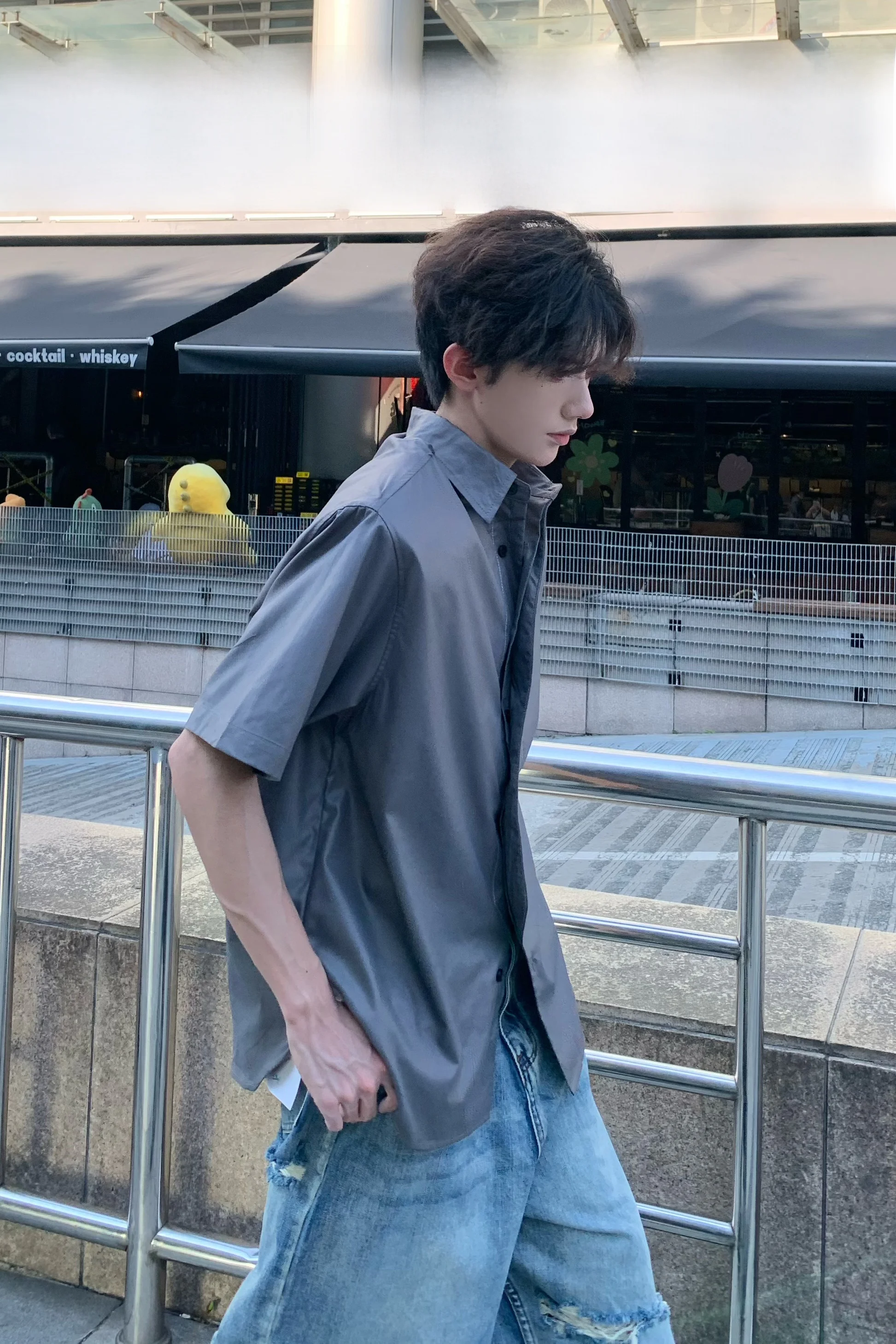 Metallic Coated oulder Pad irt Men's ort Sve Summer Trendy High-End Deconstructed Design Sense irt Ice Silk Loose Fit