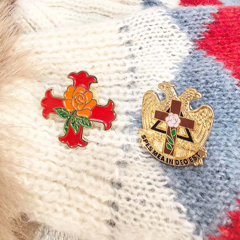 Scottish Rite Double Head Eagle Lapel Pin Free Masons Enamel Badge Red Cross Of Constantine Rose Glitter Masonic Knight
