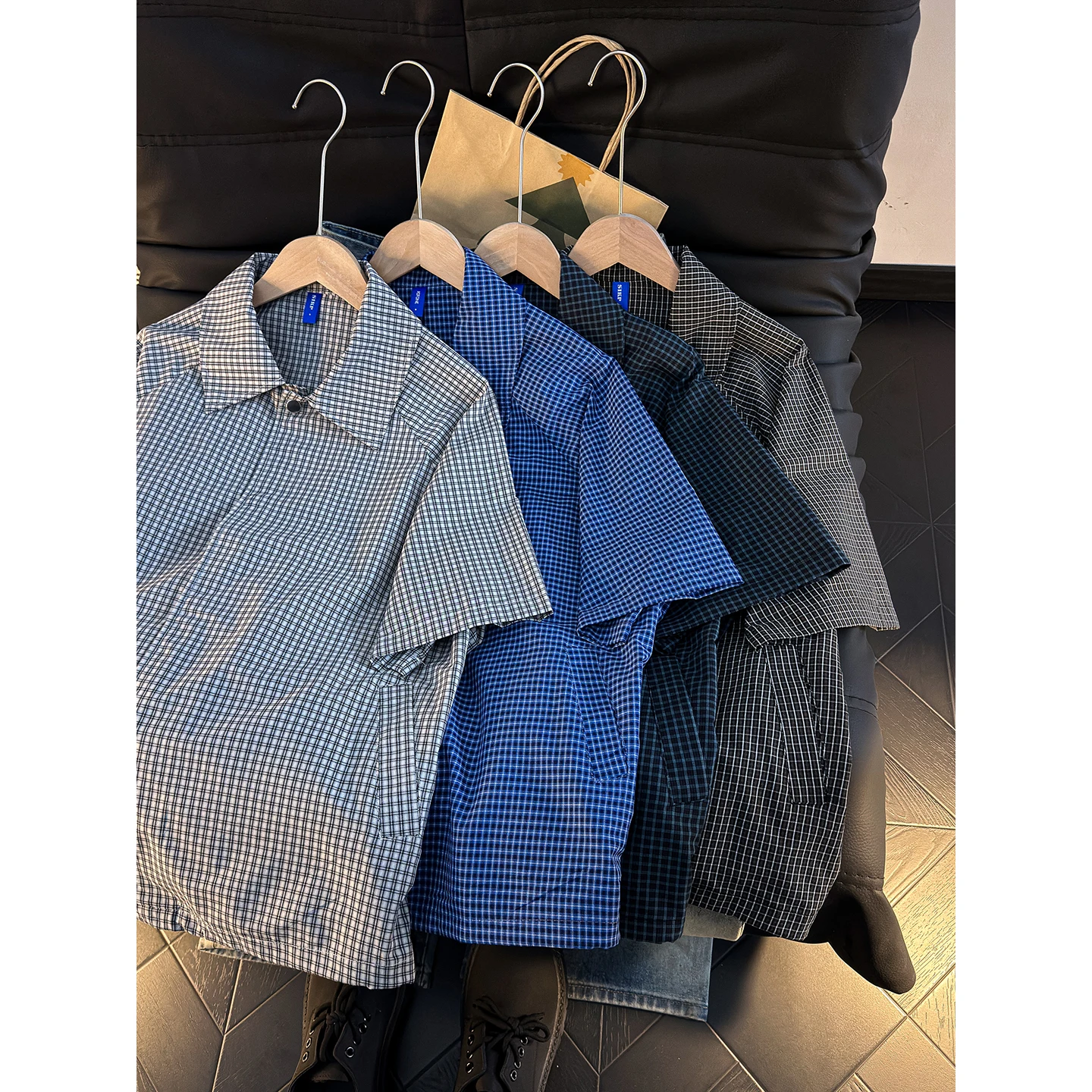 

Loose Men's Short Sleeve Shirt Summer Casual Style Cityboy Lazy Style Loose Fit Plaid Pattern Dark Blue Color T-Shirt Shirt