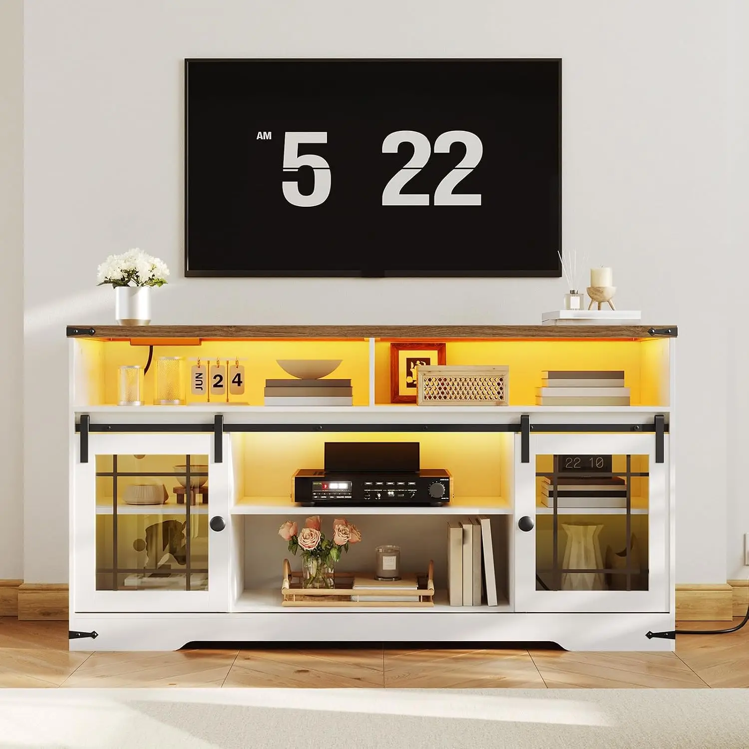 Farmhouse TV Stand 65 Inch LED & Charging Station Adjustable Shelves Glass Doors Living Room, Customized