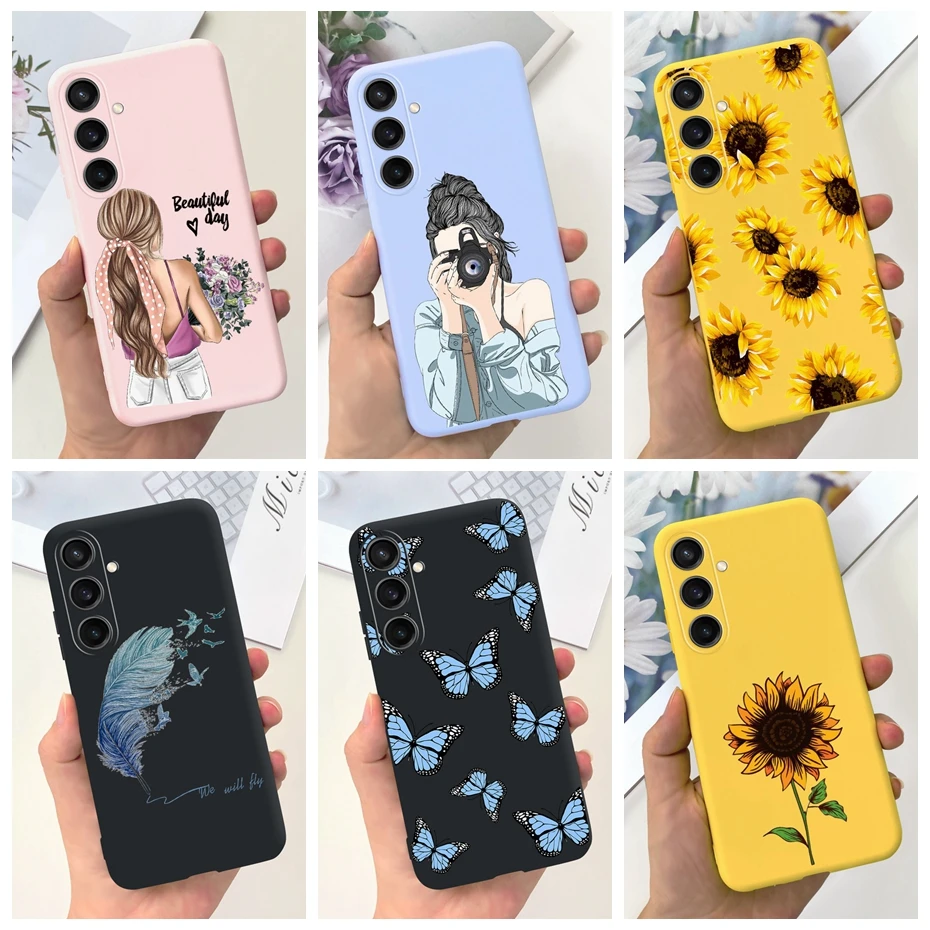 For Samsung Galaxy A15 Beautiful Girl Sunflower Pattern Case For Samsung A15 4G SM-A155F Candy Color Soft Silicone Back Cover