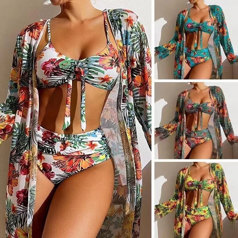 

2024 New Women's Floral Print Bikini Tee-Piece Swimsuit Set Cross-Border Sportswear Fitn Swimming Equipment