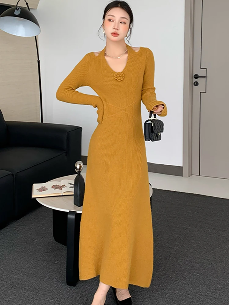 2025 핑크 니트 긴팔 빈티지 브이넥 드레스 가을 겨울 우아한 캐주얼 스웨터 드레스 여성 한국 바디콘 프로모션 드레스