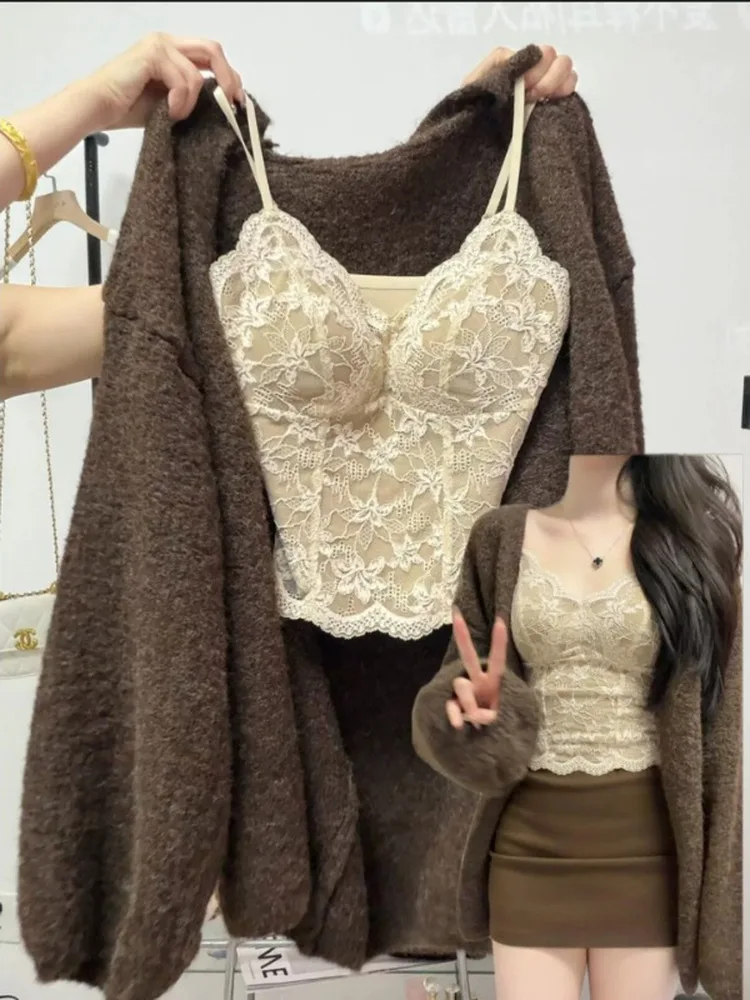Women's Lace Crop Top Thermal Vest Inner Wear Small Strap Vest Winter Warm Pure Desire Spicy Girl Base Shirt Beautiful Back