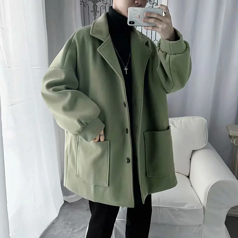 

Men's Woolen Coat Mid-Length Winter Thiened Loose Korean Sle ort INS Windbreaker Pure Color Single Button Youth Vitali