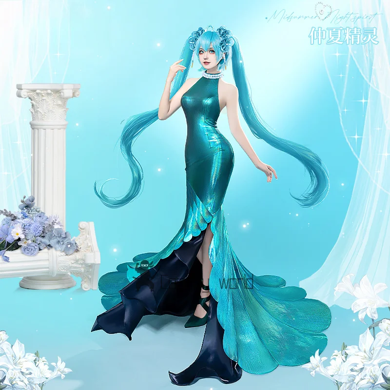 

Anime Project Sekai Cosplay Costume Miku Wig Midsummer Elves Blue Fishtail Dress Uniform Halloween Carnival Suit for Women Game